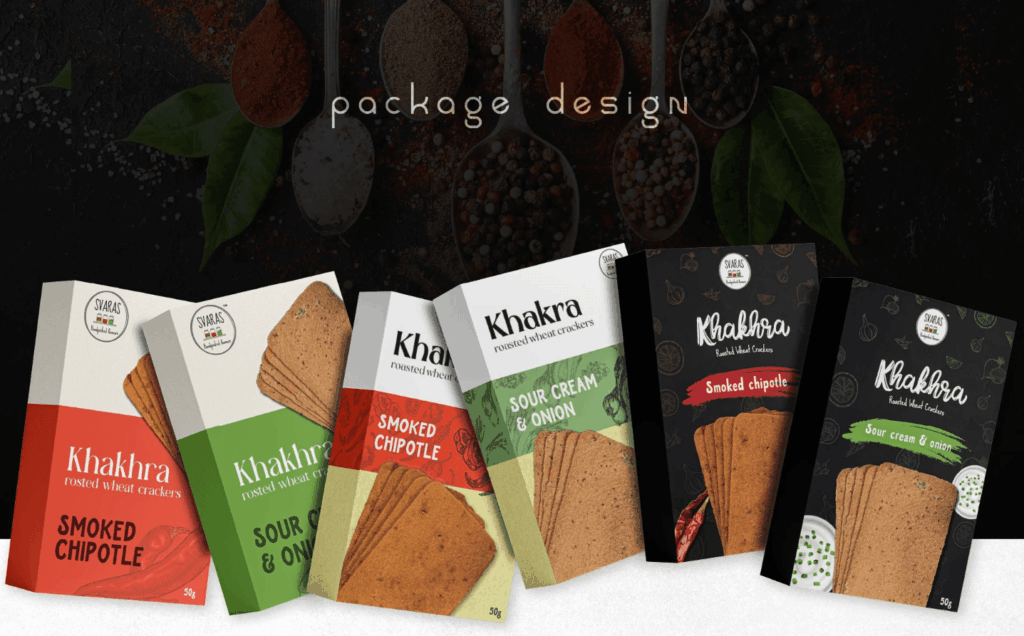 Svaras khakhra product packaging design — three concept directions designed by First Launch for shelf-competitive FMCG positioning
