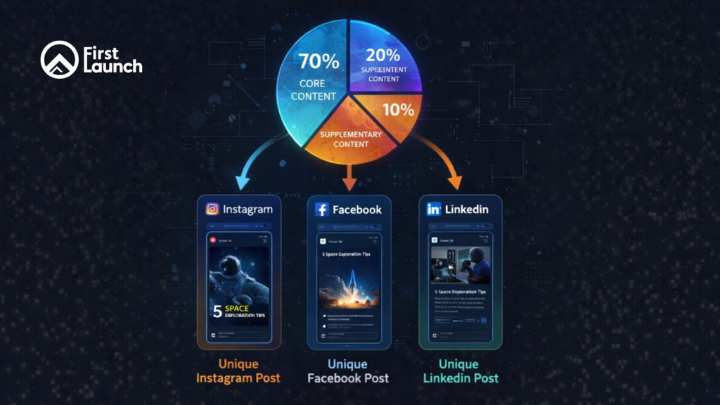 70-20-10 content strategy chart showing unique Instagram, Facebook, and LinkedIn posts derived from core and supplemental content