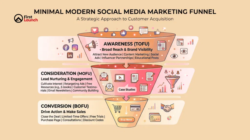Social media marketing funnel showing awareness, consideration and conversion stages