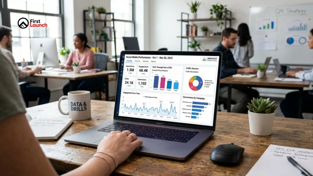 Social media analytics dashboard tracking traffic clicks and conversions