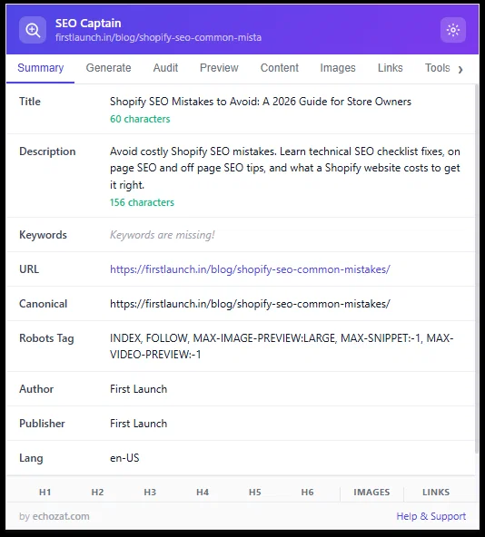 SEO Captain’s on-page report for a blog page.